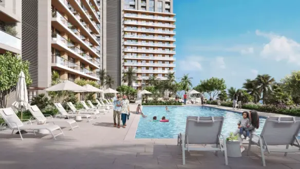 Maxx Capitals Emaar Park Edge Waterfront Apartment Pool Area With High-Rise Balconies, Loungers, And Palm Landscaping