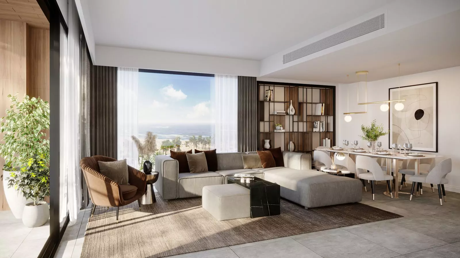 Emaar Park Edge Luxury Waterfront Apartment For Sale (3) Emaar Park Edge waterfront luxury apartment towers with landscaped palm trees and blue sky background