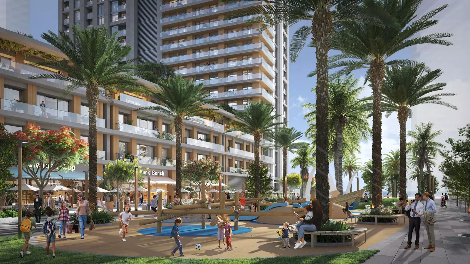 Emaar Park Edge Luxury Waterfront Apartment For Sale (4) Emaar Park Edge waterfront apartments with playground, palm trees and promenade