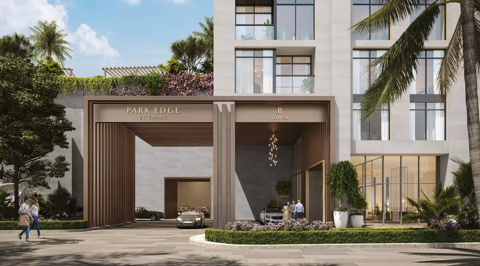 Emaar Park Edge Luxury Waterfront Apartment For Sale (5) Emaar Park Edge luxury apartment building entrance with Park Edge by Emaar signage, chandelier and landscaped driveway