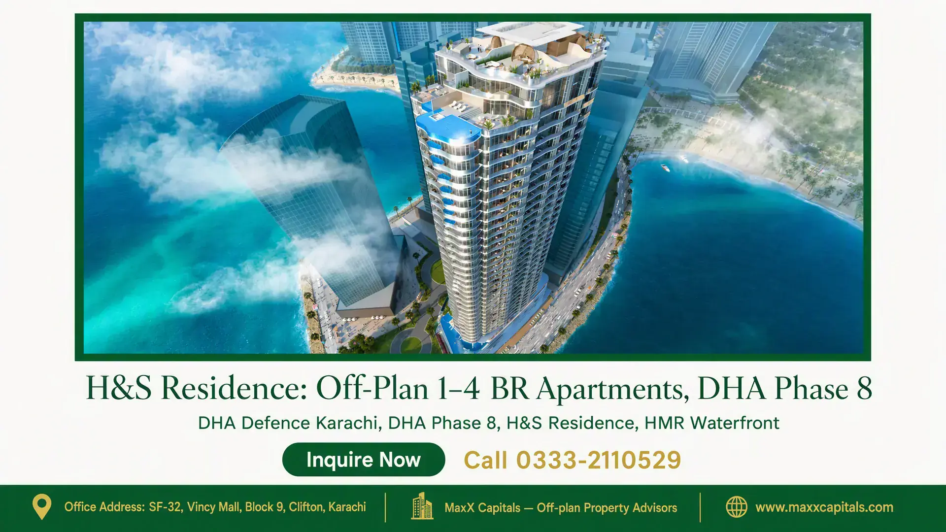 H&S Residence: Off-Plan 1–4 BR Apartments, DHA Phase 8 Aerial view of a luxury high-rise in DHA Phase 8, Karachi, with oceanfront views and modern architectural design.