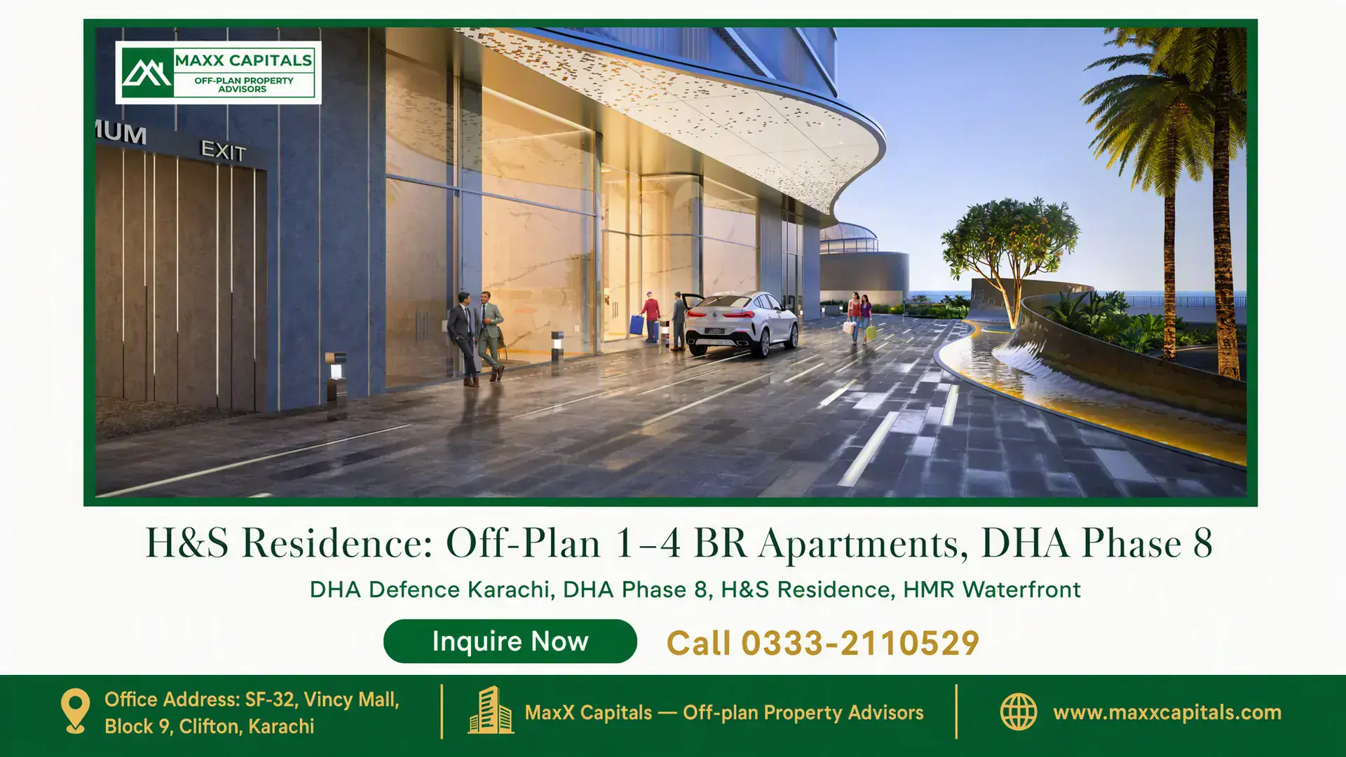 H&S Residence: Off-Plan 1–4 BR Apartments, DHA Phase 8 Grand entrance of H&S Residence in DHA Phase 8 featuring a sleek canopy, luxury vehicle drop-off, and modern landscaping.