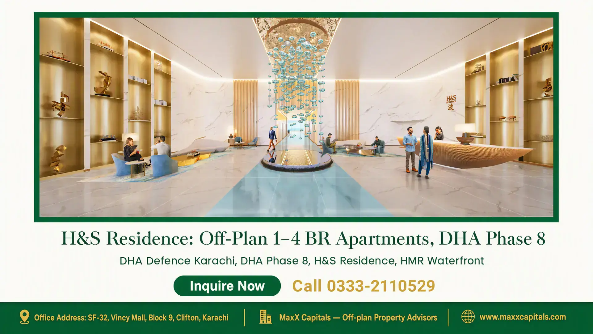 H&S Residence: Off-Plan 1–4 BR Apartments, DHA Phase 8 Luxurious lobby of H&S Residence in DHA Phase 8 with marble flooring, gold accents, and a modern chandelier centerpiece.