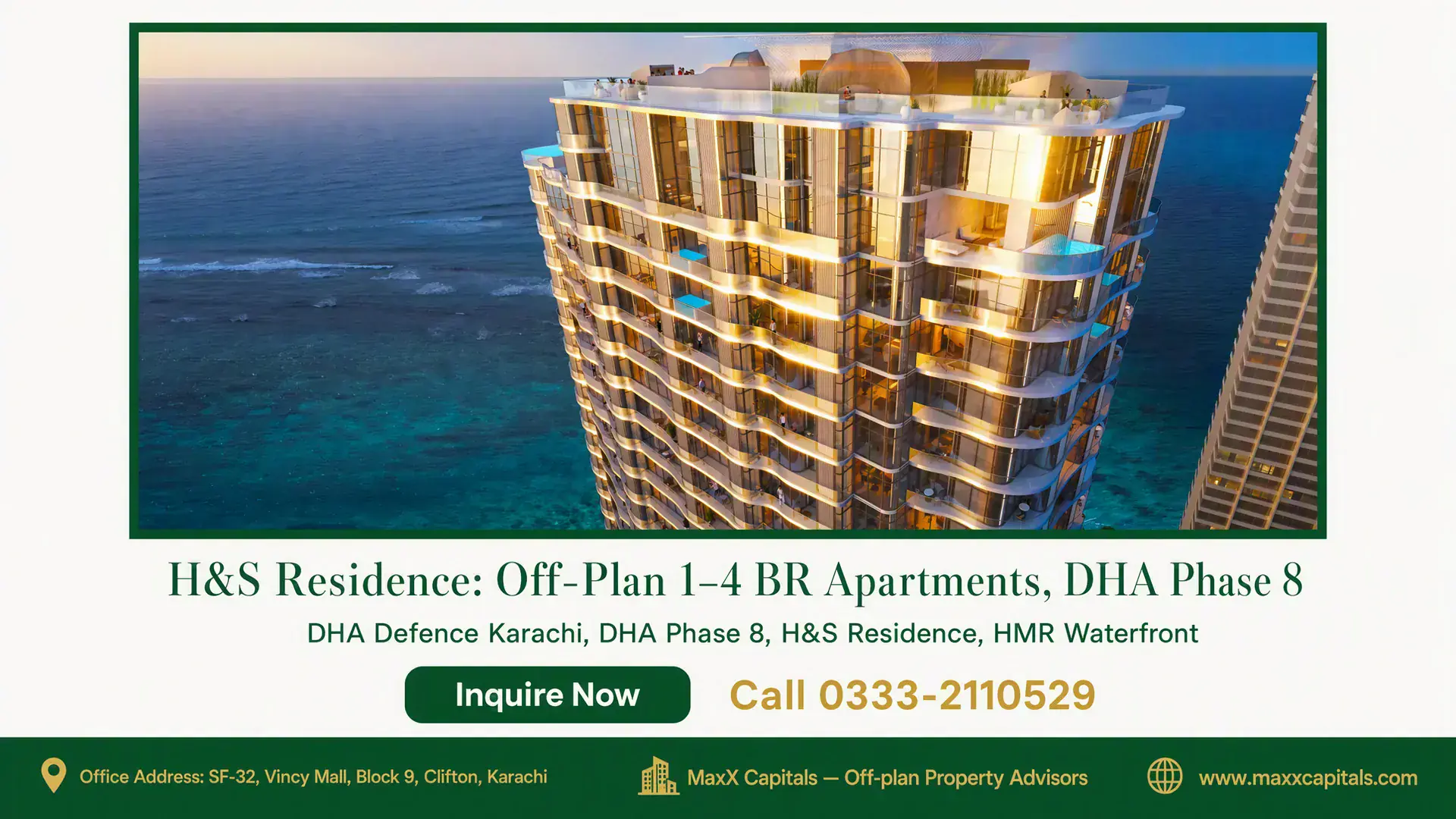H&S Residence: Off-Plan 1–4 BR Apartments, DHA Phase 8 Luxurious high-rise apartment building with glass facades and balcony details overlooking the ocean at sunset, part of H&S Re