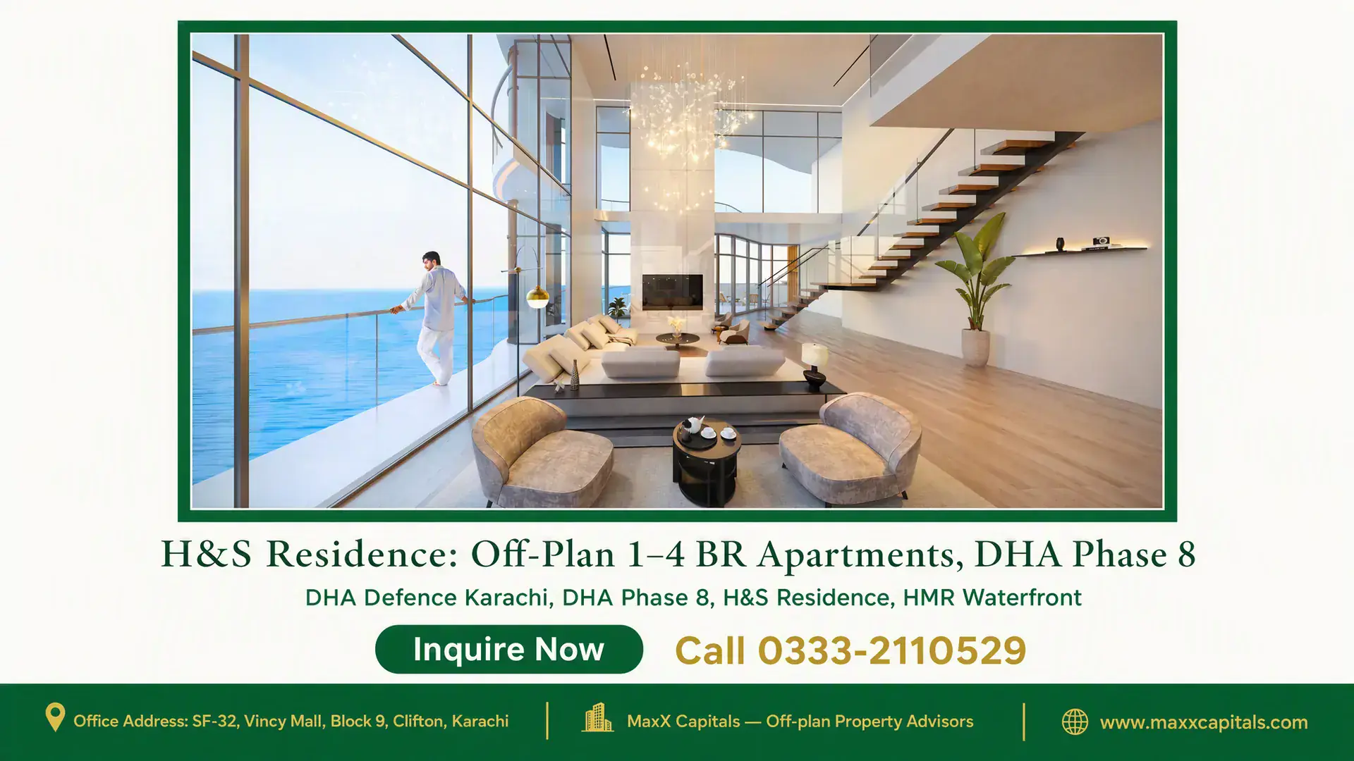 H&S Residence: Off-Plan 1–4 BR Apartments, DHA Phase 8 Luxury duplex apartment in H&S Residence with floor-to-ceiling glass walls, ocean views, and modern minimalist interiors.