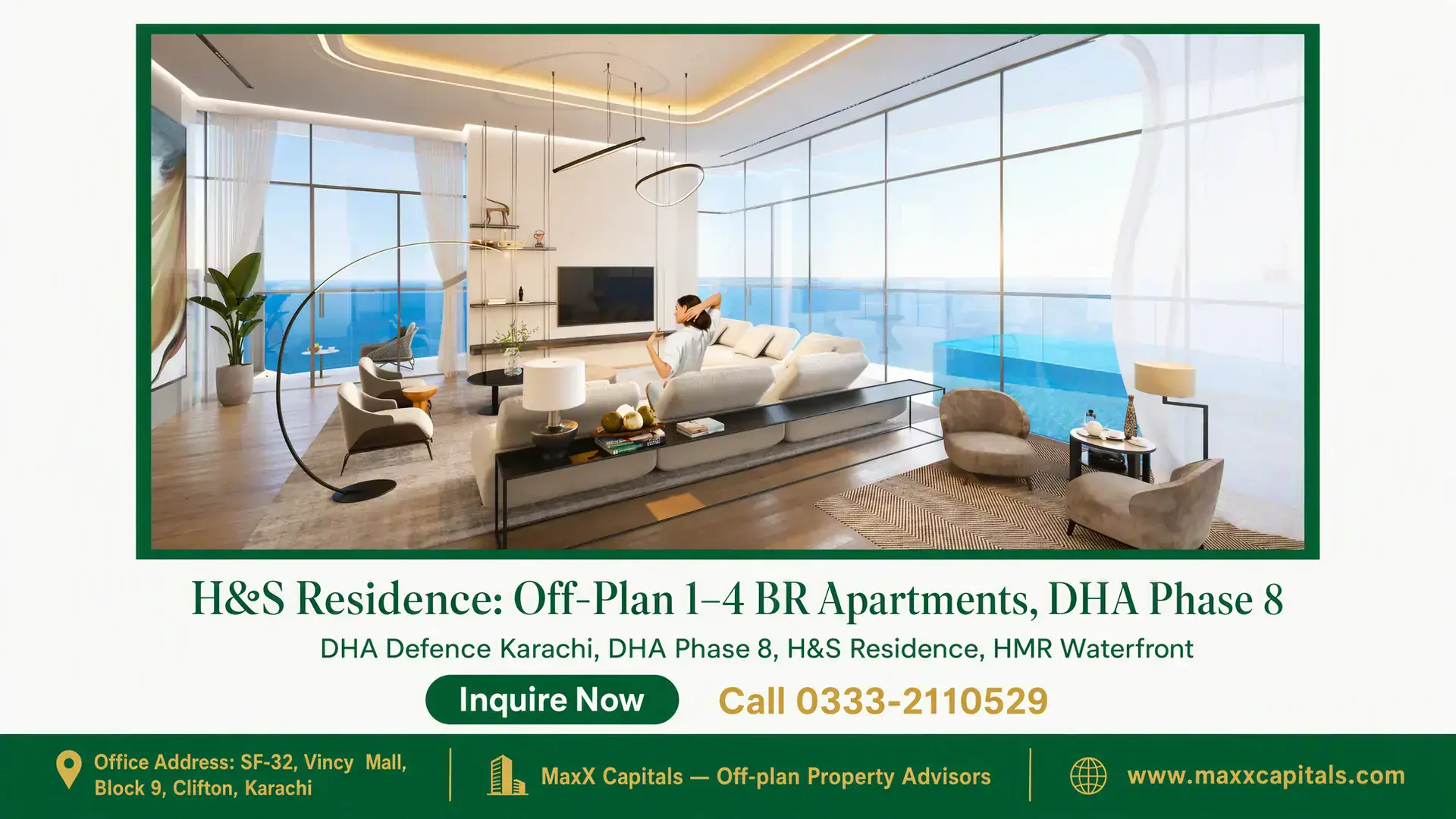H&S Residence: Off-Plan 1–4 BR Apartments, DHA Phase 8 Luxury open-plan living room with floor-to-ceiling windows, ocean views, modern furniture, and ambient lighting at H&S Reside
