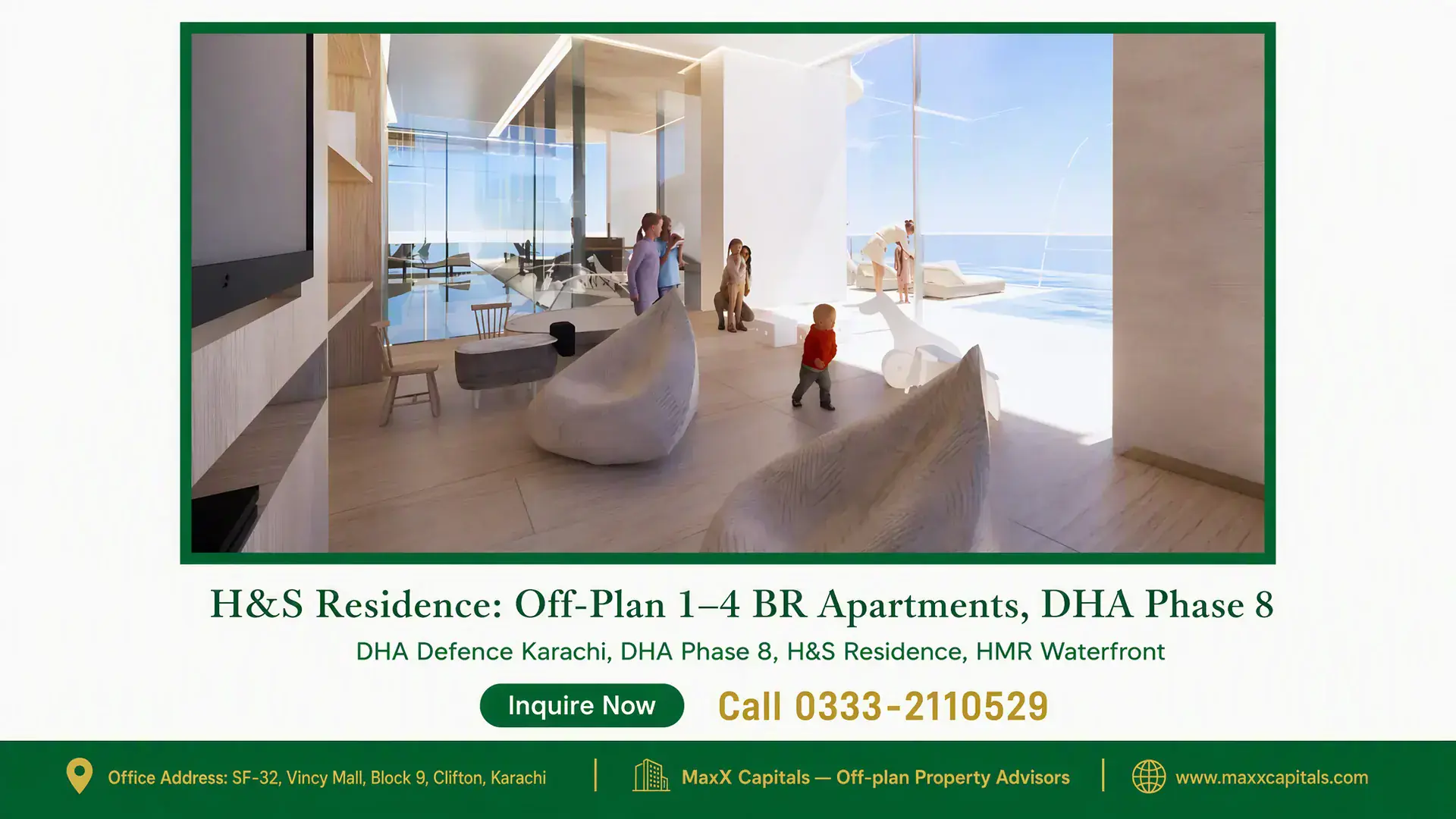 H&S Residence: Off-Plan 1–4 BR Apartments, DHA Phase 8 Spacious open-plan living area with modern decor, floor-to-ceiling glass, and oceanfront views at H&S Residence, DHA Phase 8.
