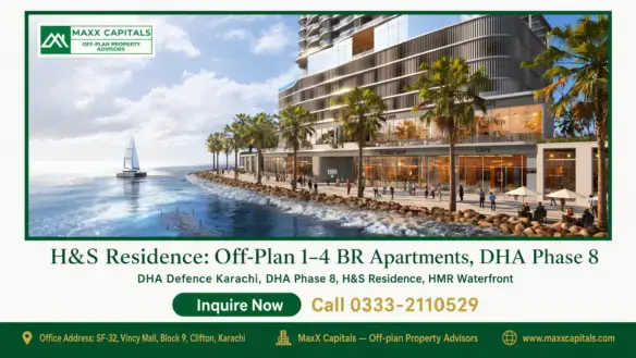 Waterfront luxury apartments with modern architecture, palm trees, and retail spaces at H&S Residence, DHA Phase 8.