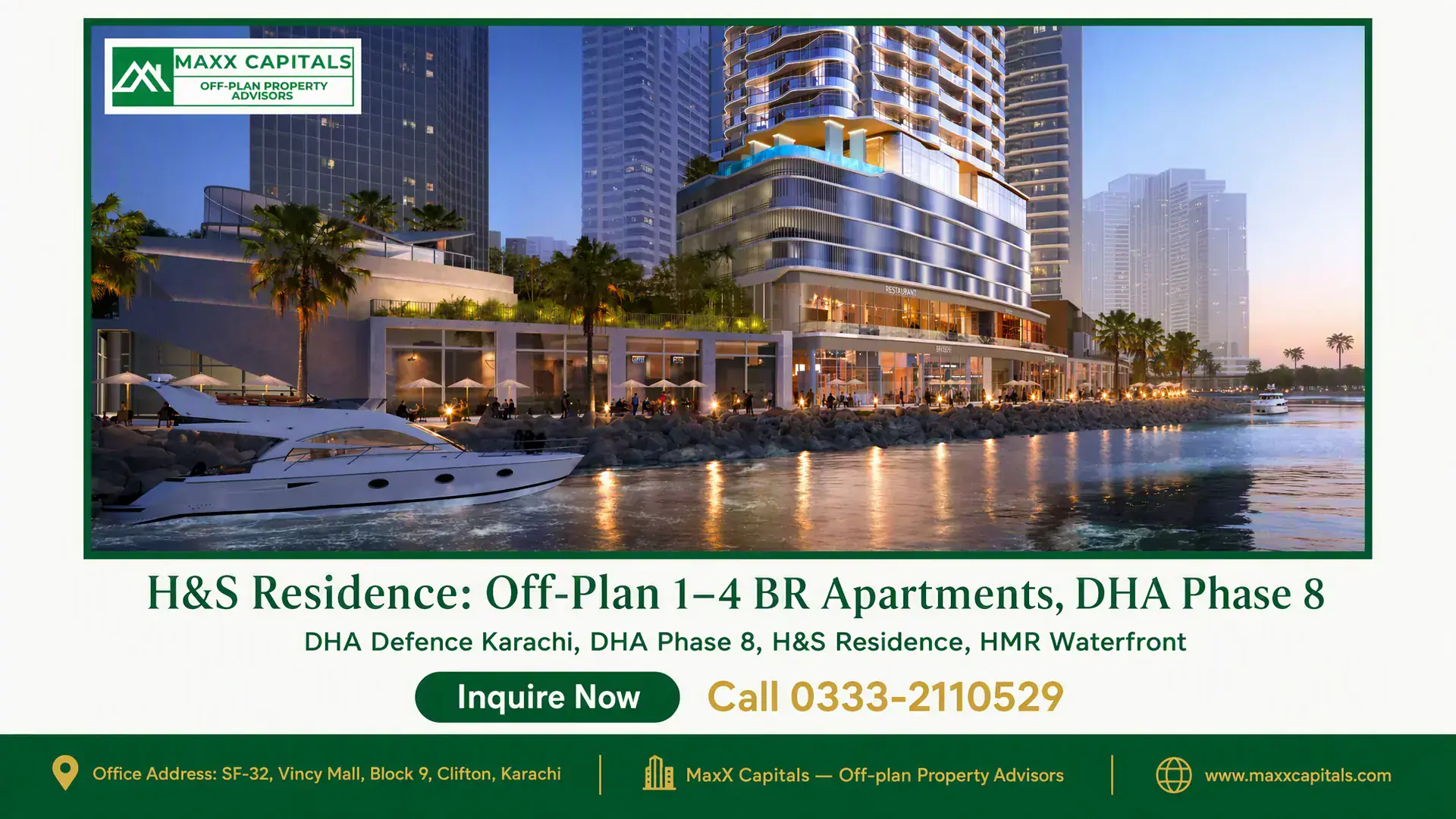 H&S Residence: Off-Plan 1–4 BR Apartments, DHA Phase 8 Luxury waterfront apartments with modern architecture, lush landscaping, and private yacht access at H&S Residence in DHA Pha