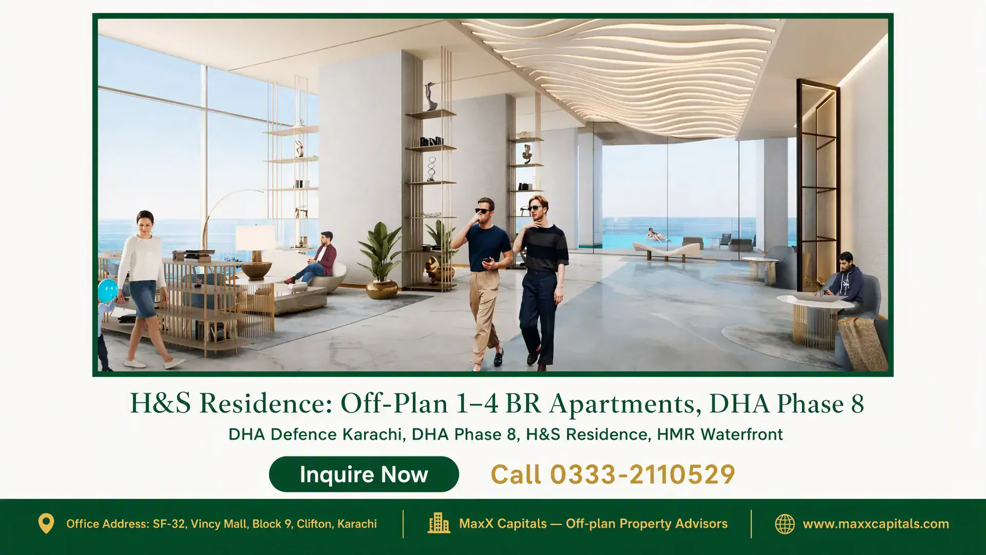 H&S Residence: Off-Plan 1–4 BR Apartments, DHA Phase 8 Luxurious lounge area with high ceilings, modern decor, and ocean views at H&S Residence, DHA Phase 8.