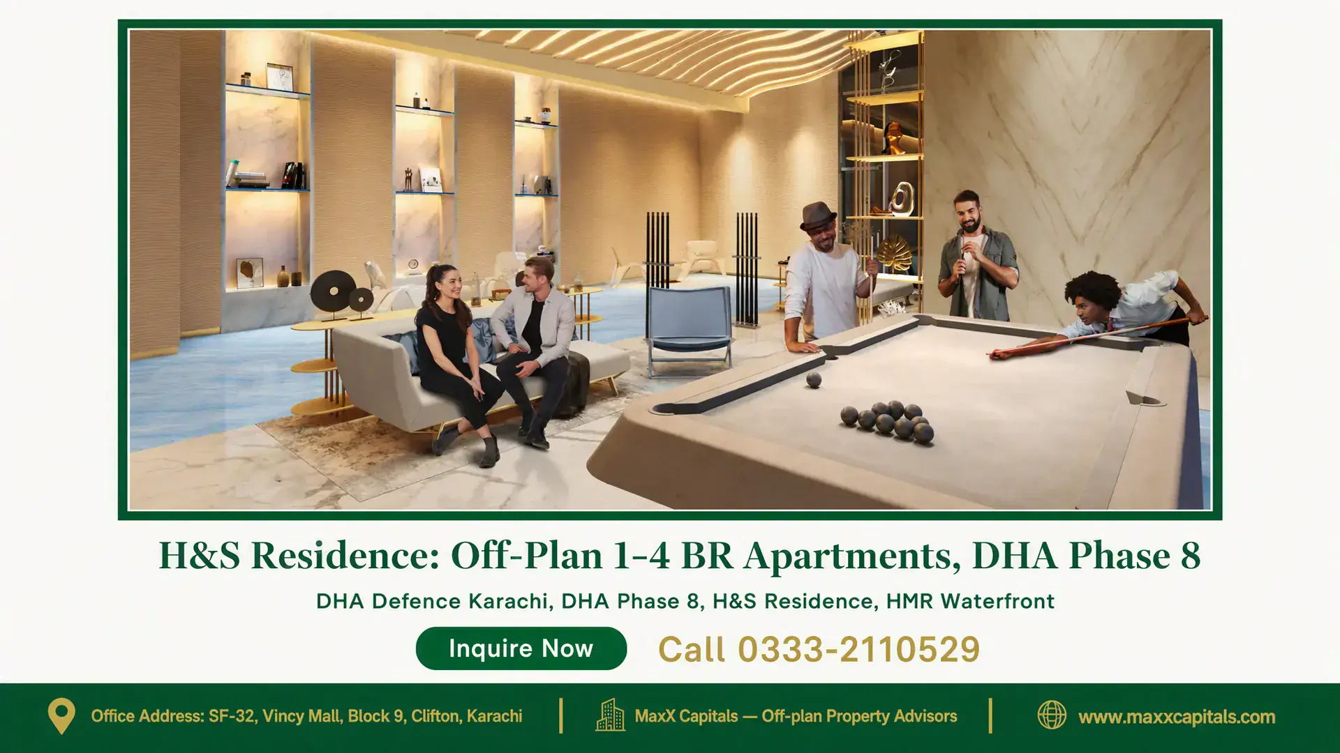 H&S Residence: Off-Plan 1–4 BR Apartments, DHA Phase 8 Luxurious lounge at H&S Residence with modern seating, marble flooring, elegant lighting, and a recreational area.
