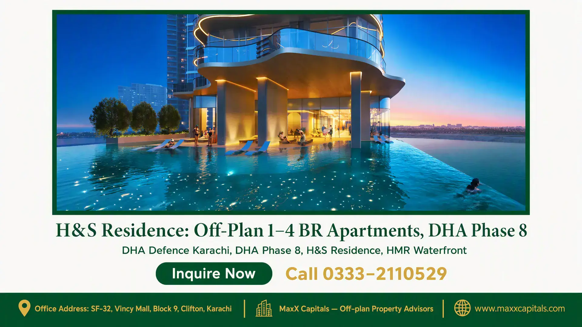 H&S Residence: Off-Plan 1–4 BR Apartments, DHA Phase 8 Luxury waterfront development H&S Residence with infinity pool and illuminated modern architecture at dusk, DHA Phase 8.