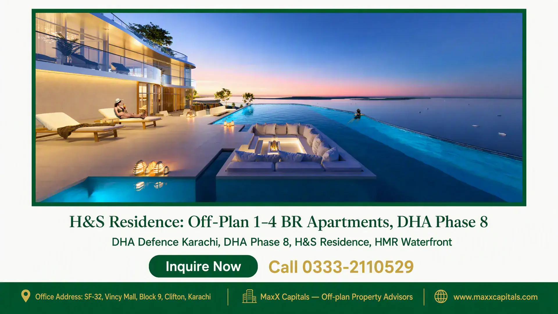 H&S Residence: Off-Plan 1–4 BR Apartments, DHA Phase 8 Luxury waterfront apartment with infinity pool, sun loungers, terrace seating, and sunset view at H&S Residence, DHA Phase 8.
