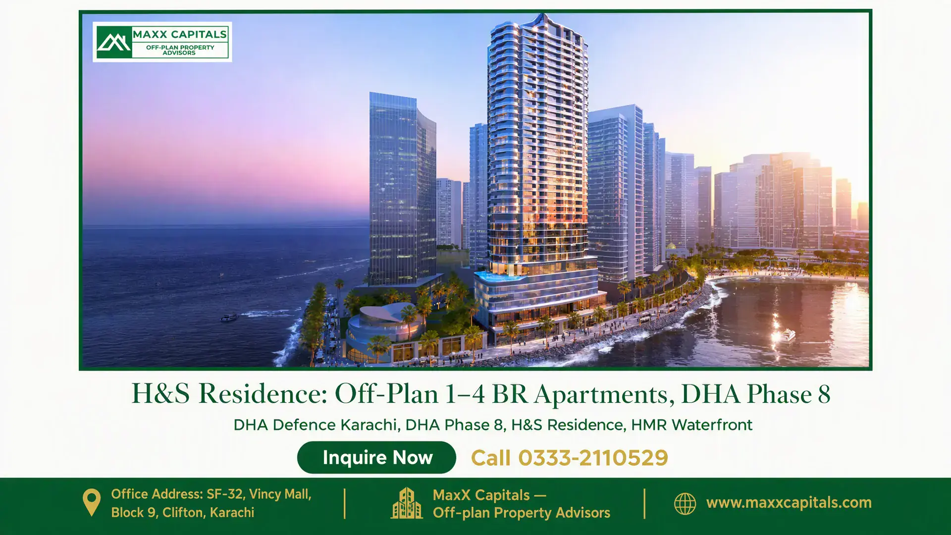 H&S Residence: Off-Plan 1–4 BR Apartments, DHA Phase 8 Luxury waterfront apartments at H&S Residence in DHA Phase 8, surrounded by high-rise buildings and serene coastal views.