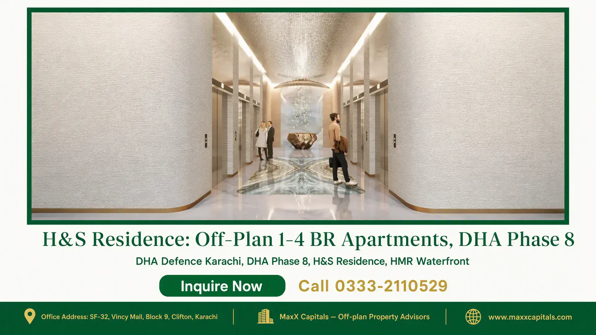 H&S Residence: Off-Plan 1–4 BR Apartments, DHA Phase 8 Luxurious lobby of H&S Residence in DHA Phase 8 with sleek elevators, contemporary lighting, and elegant finishes.