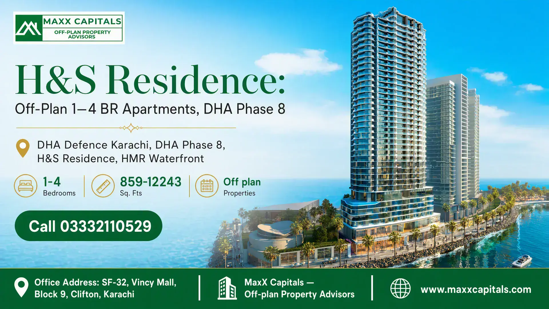 H&S Residence: Off-Plan 1–4 BR Apartments, DHA Phase 8 Luxury waterfront high-rise of H&S Residence at DHA Phase 8 with sea views and palm-lined surroundings.