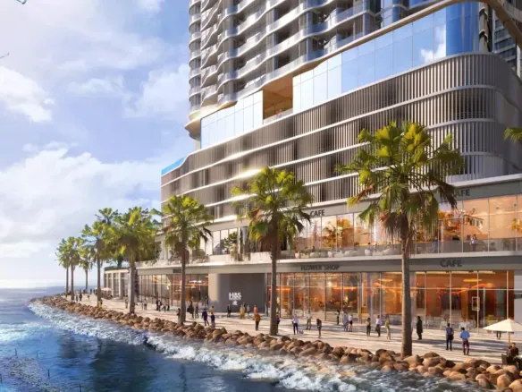 Modern high-rise facade of H&S Residence in DHA Phase 8 with palm-lined waterfront promenade, yacht on water, and pedestrians