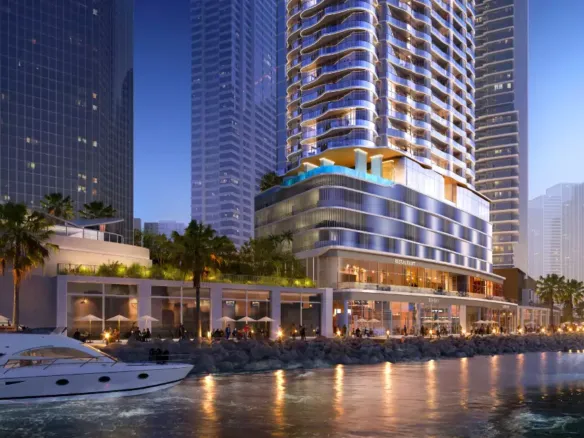 H&S Residence luxury high-rise in DHA Phase 8, waterfront facade with docked yachts, palm trees, promenade at dusk