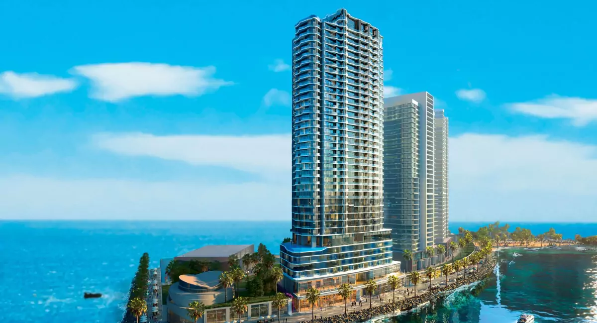 H&S Residence in DHA Phase 8: modern high-rise towers with glass facades overlooking sea, palm-lined promenade and waterfront