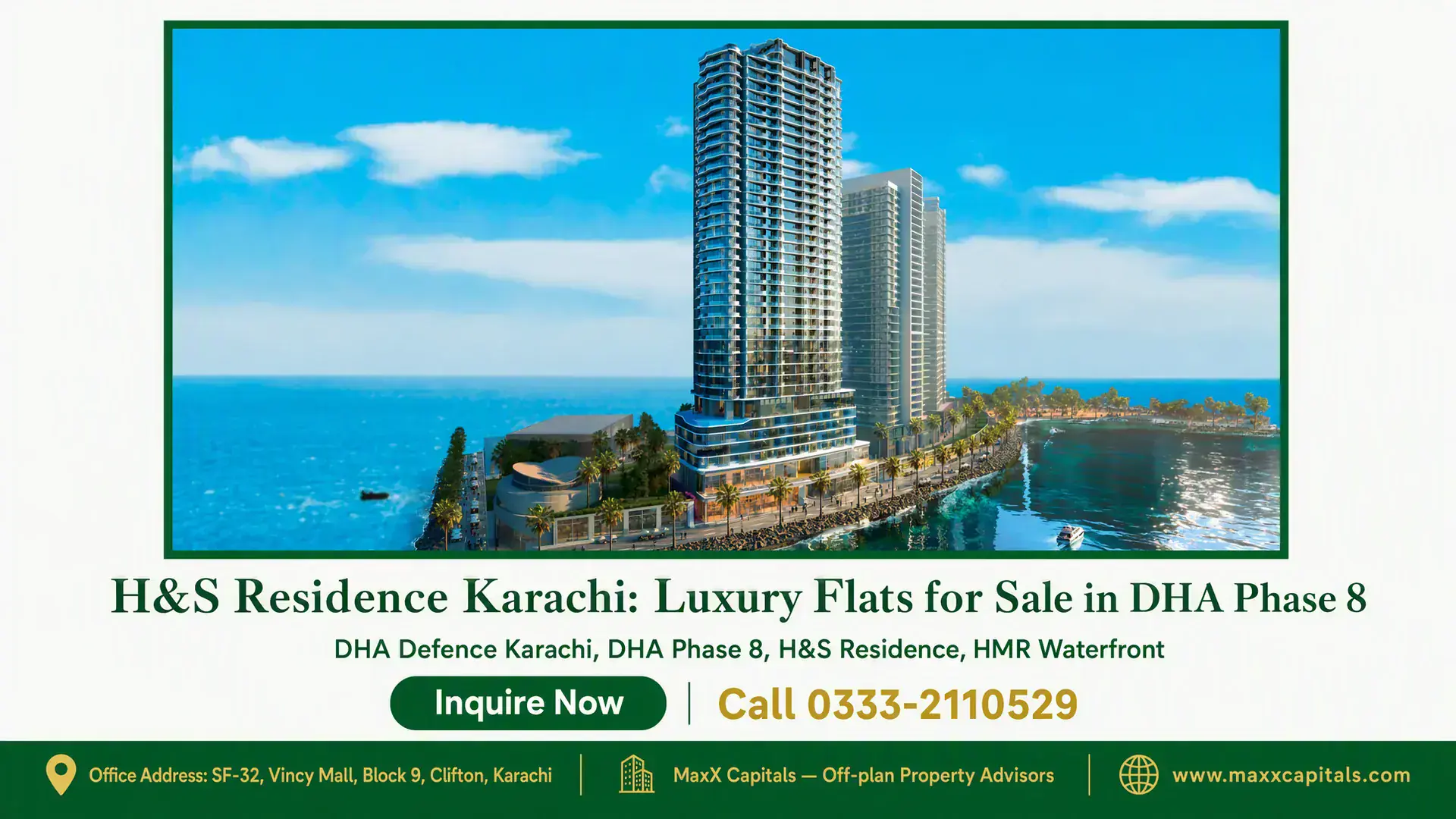 H&S Residence Karachi: Luxury Flats for Sale in DHA Phase 8 H&S Residence Karachi, luxury waterfront high-rise buildings overlooking the sea in DHA Phase 8 with modern architectural des