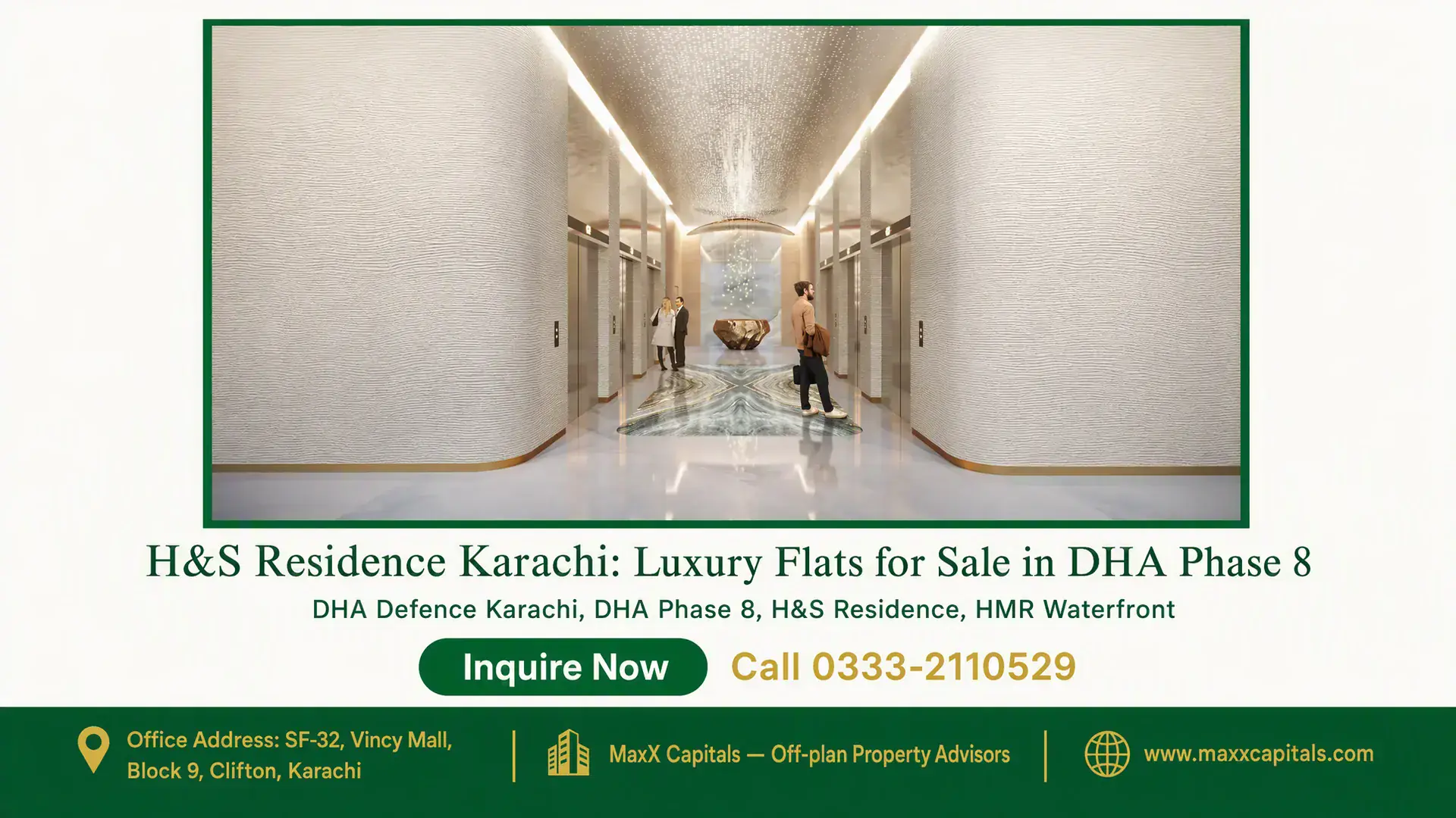 H&S Residence Karachi: Luxury Flats for Sale in DHA Phase 8 Elegant lobby area at H&S Residence Karachi with sleek elevators, textured walls, and ambient lighting, located in DHA Phase