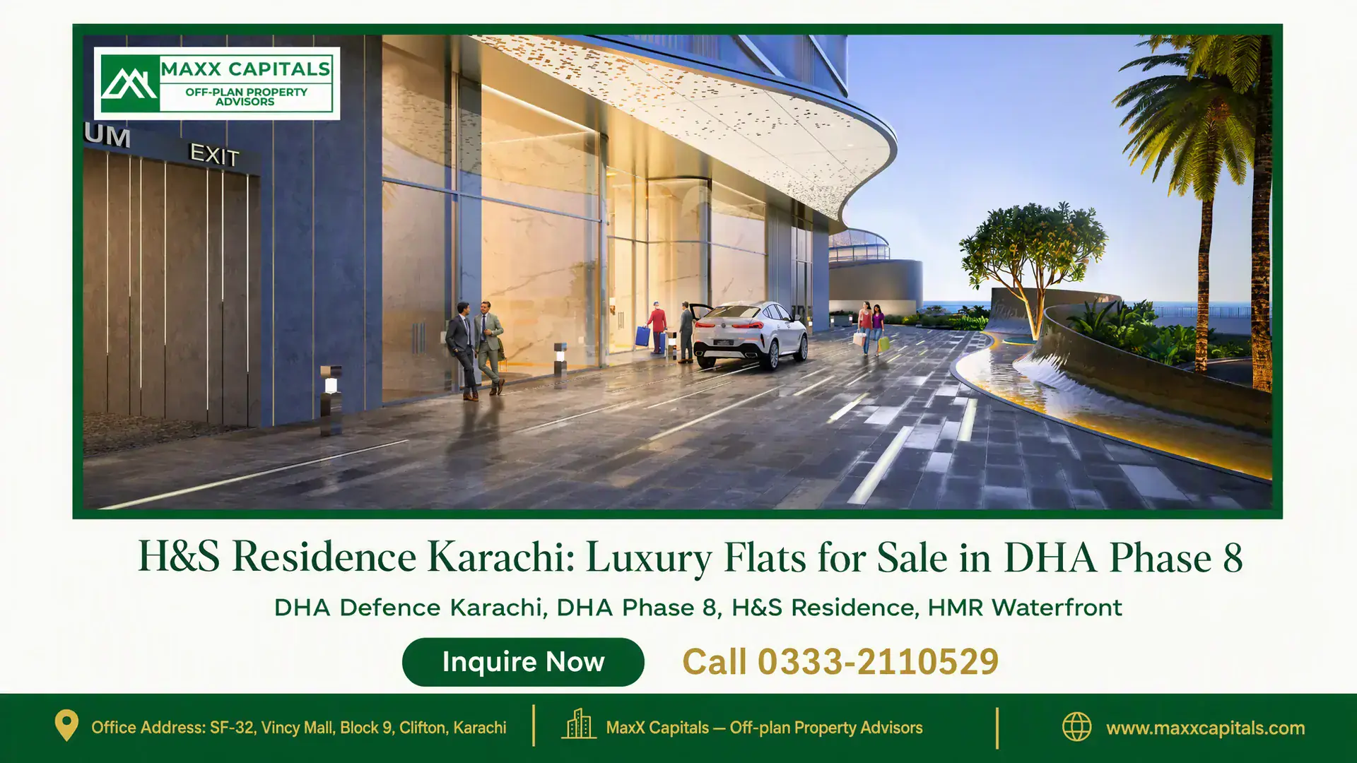 H&S Residence Karachi: Luxury Flats for Sale in DHA Phase 8 Elegant driveway at H&S Residence Karachi with modern architecture, lush landscaping, and premium entrance in DHA Phase 8.
