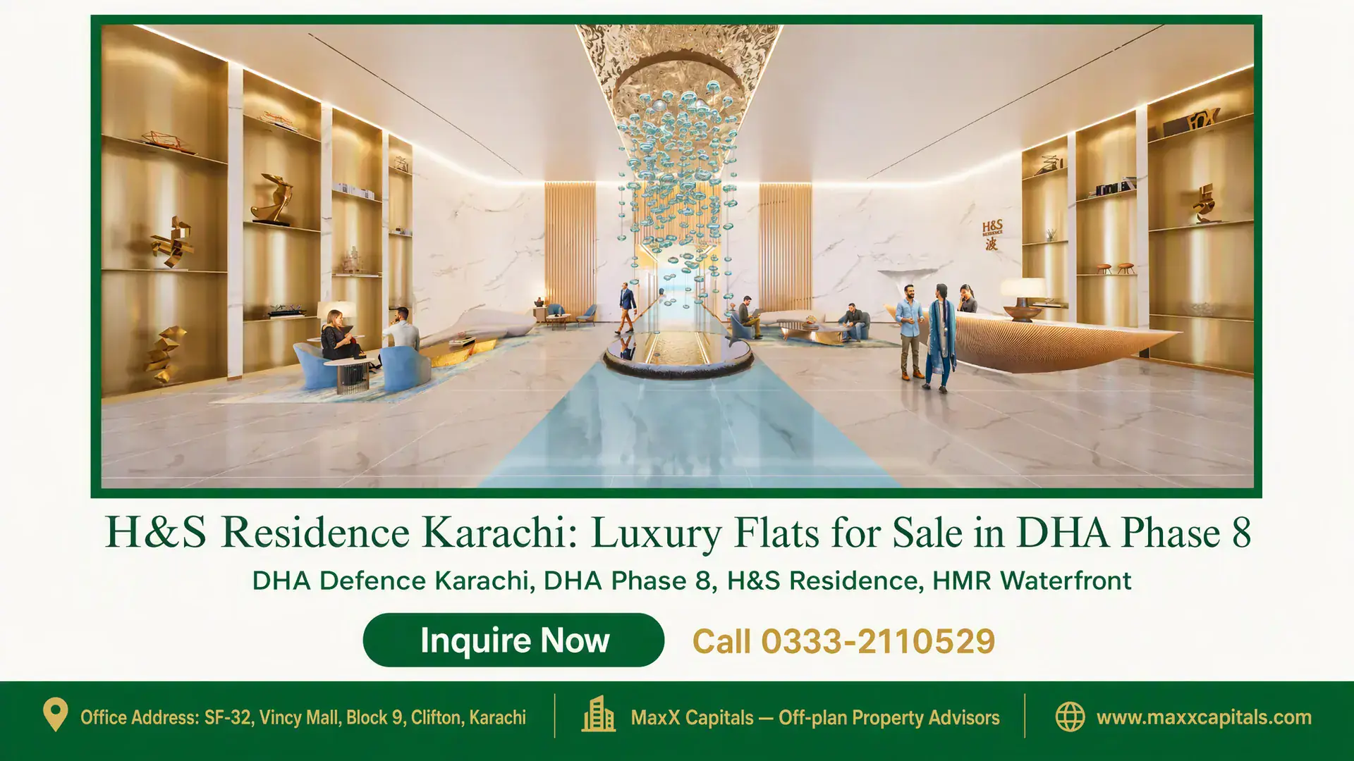 H&S Residence Karachi: Luxury Flats for Sale in DHA Phase 8 Luxurious lobby with marble floors, gold accents, modern chandelier, and seating in H&S Residence Karachi, DHA Phase 8.