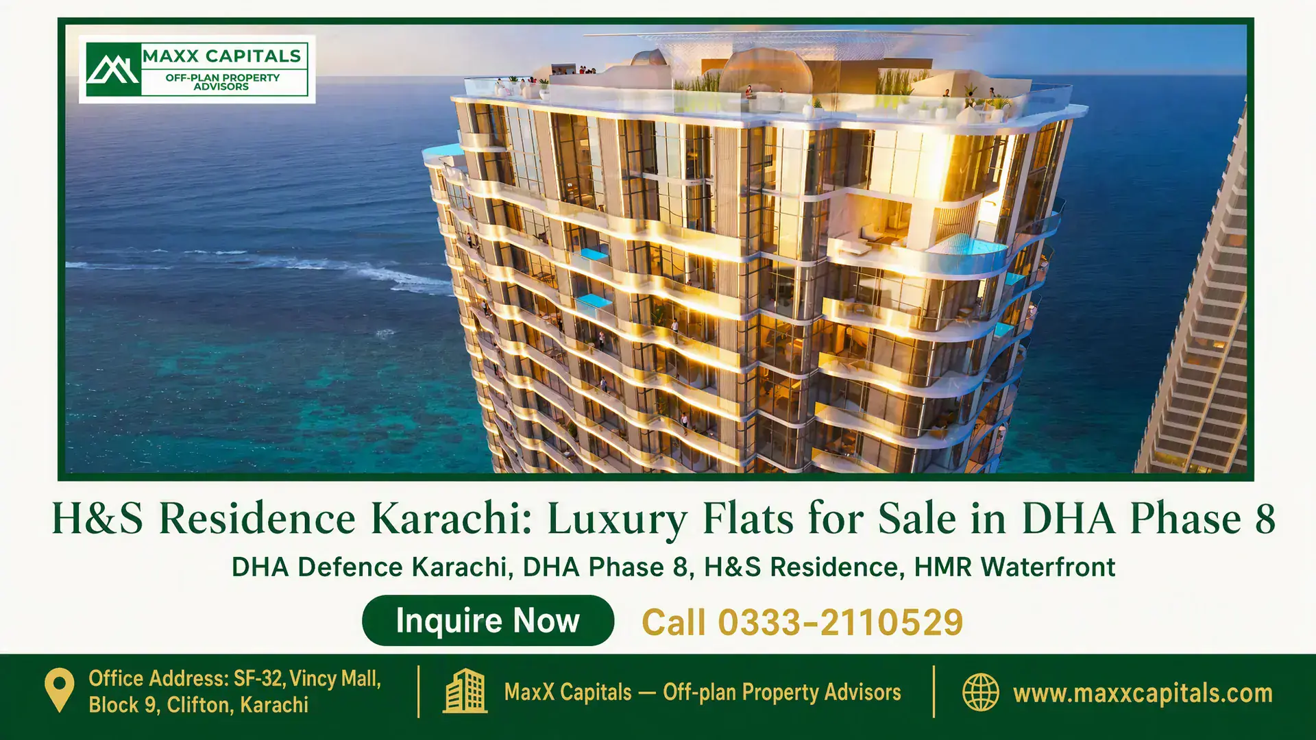 H&S Residence Karachi: Luxury Flats for Sale in DHA Phase 8 Modern beachfront high-rise building with glass balconies at H&S Residence Karachi in DHA Phase 8.