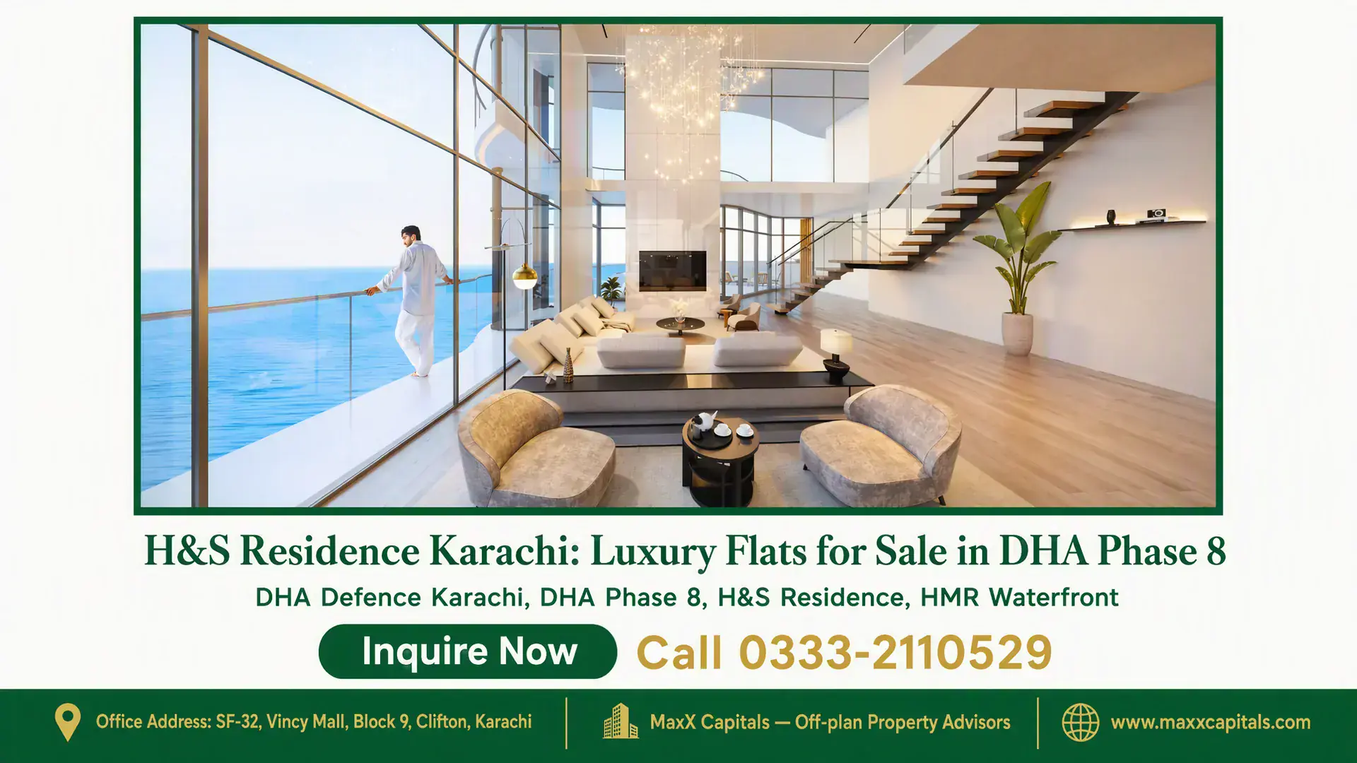 H&S Residence Karachi: Luxury Flats for Sale in DHA Phase 8 Luxury waterfront apartment living room with floor-to-ceiling glass windows, modern staircase, and ocean views at H&S Residen