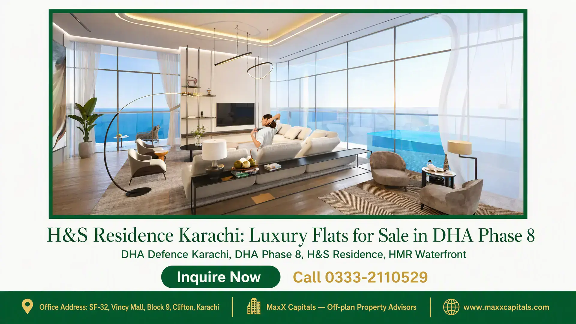 H&S Residence Karachi: Luxury Flats for Sale in DHA Phase 8 Luxurious living room with modern furniture, floor-to-ceiling windows showcasing ocean views at H&S Residence Karachi.