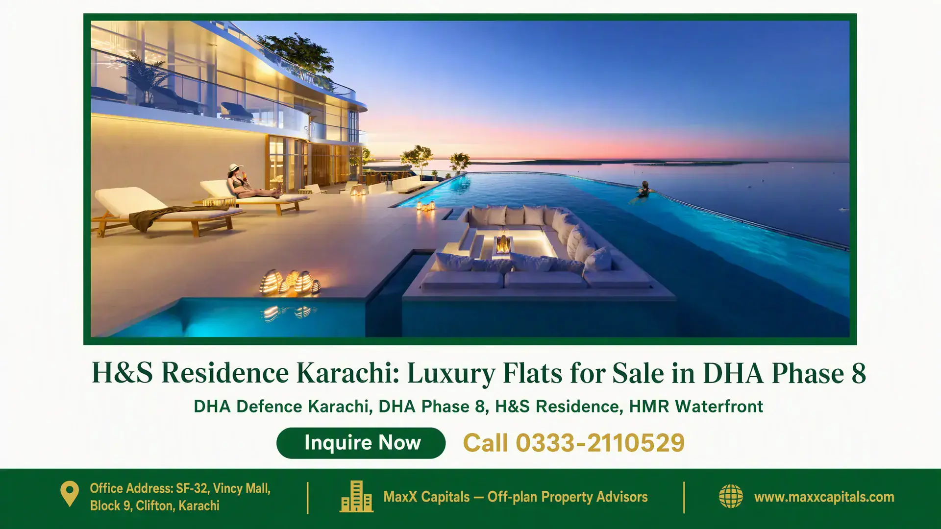 H&S Residence Karachi: Luxury Flats for Sale in DHA Phase 8 Luxury waterfront flat with an infinity pool, outdoor lounge, and modern glass façade at H&S Residence Karachi in DHA Phase
