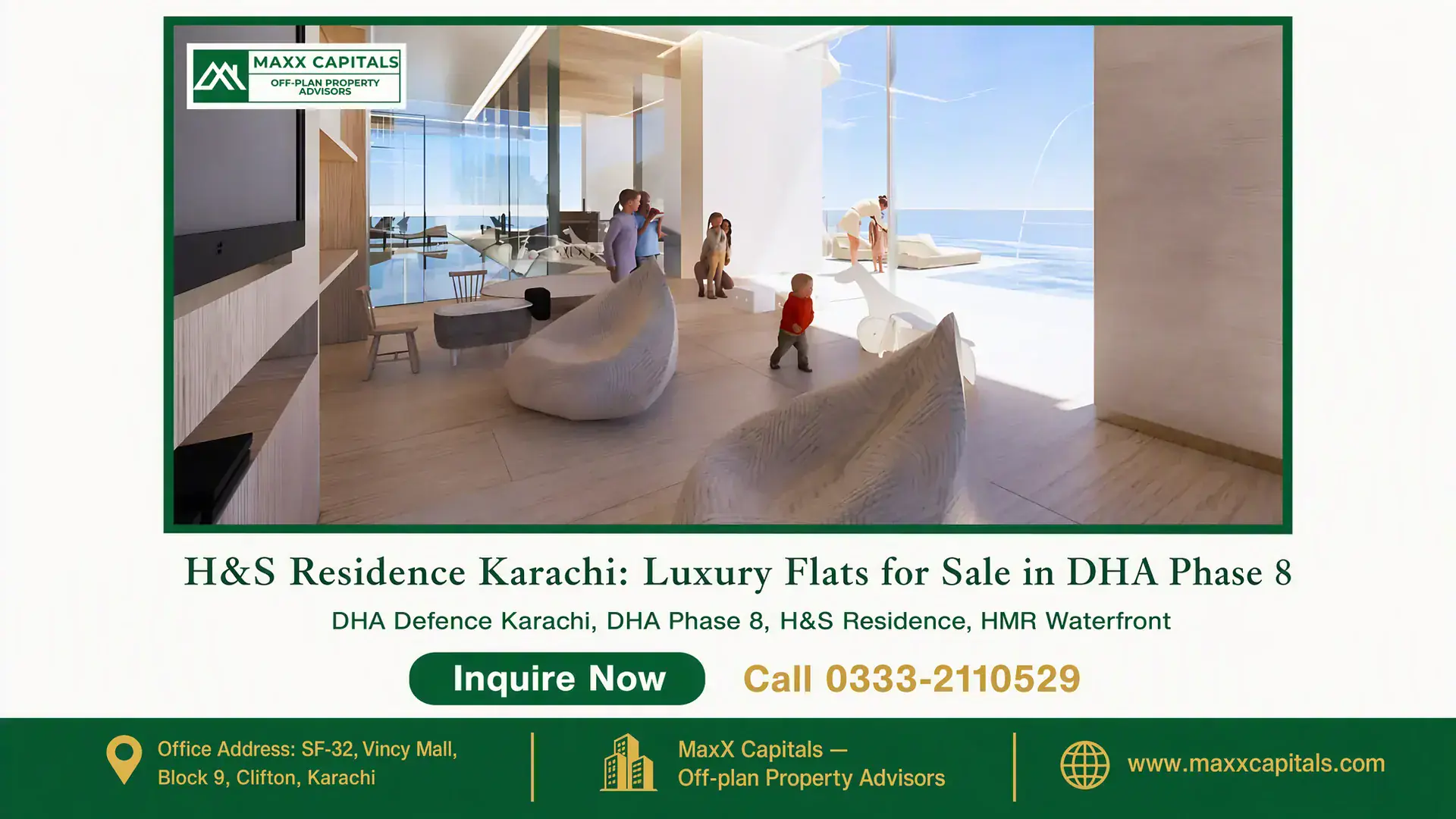 H&S Residence Karachi: Luxury Flats for Sale in DHA Phase 8 Spacious modern living area with plush seating, large glass windows, and ocean views at H&S Residence Karachi in DHA Phase 8.