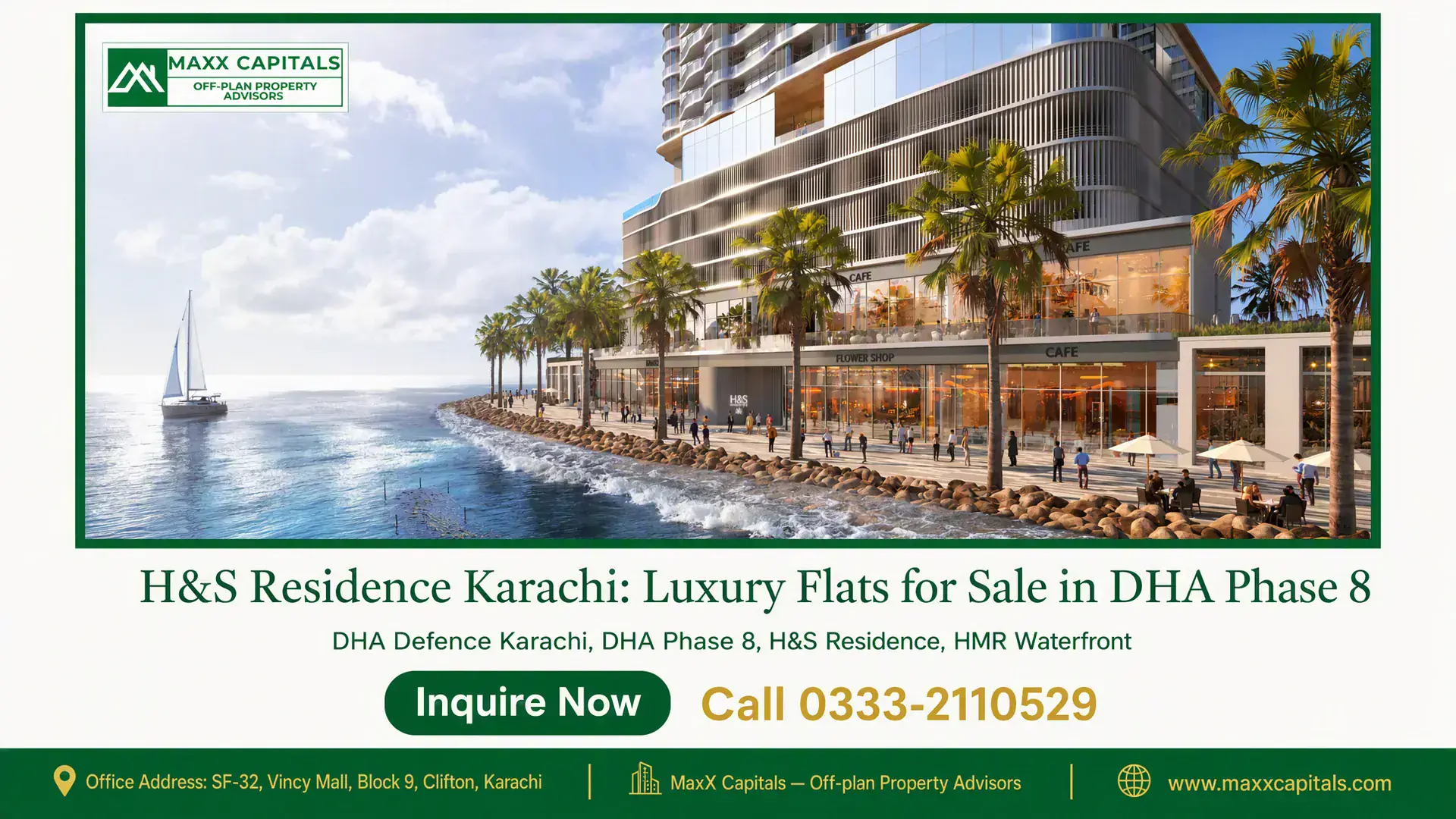 H&S Residence Karachi: Luxury Flats for Sale in DHA Phase 8 H&S Residence Karachi waterfront flats in DHA Phase 8 with modern architecture, palm-lined walkways, and ocean views.