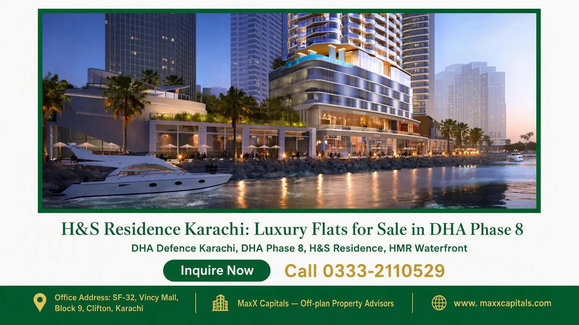 H&S Residence Karachi: Luxury Flats for Sale in DHA Phase 8 Elegant waterfront luxury apartments at H&S Residence Karachi in DHA Phase 8 with modern architecture and evening cityscape v