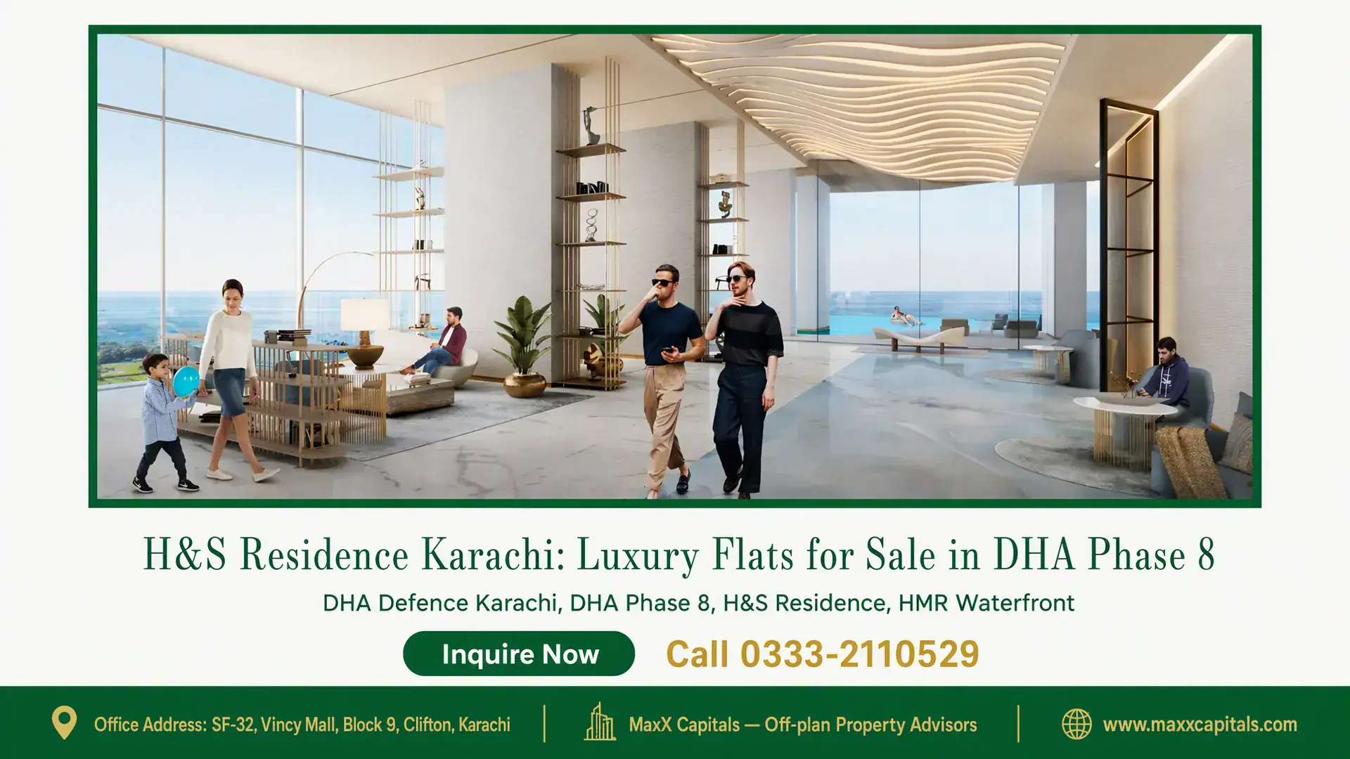 H&S Residence Karachi: Luxury Flats for Sale in DHA Phase 8 Modern luxury apartment interior at H&S Residence Karachi in DHA Phase 8 featuring ocean views, sleek decor, and open spaces.