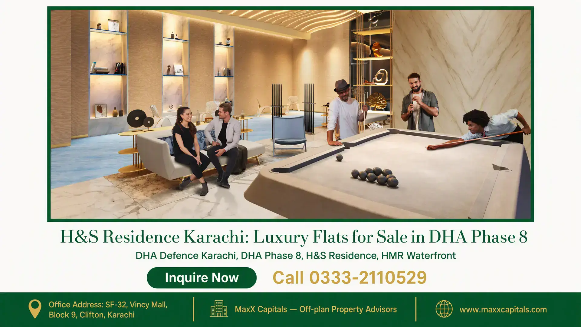 H&S Residence Karachi: Luxury Flats for Sale in DHA Phase 8 Luxurious lounge area with marble flooring, modern furniture, pool table, and illuminated wall shelving at H&S Residence Kara