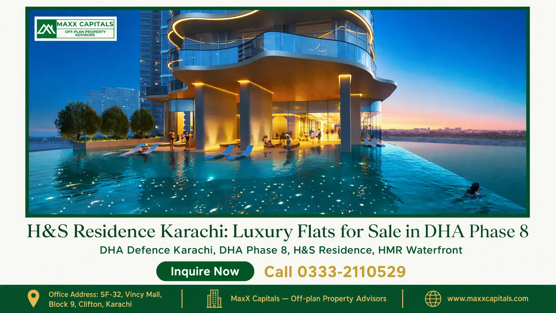 H&S Residence Karachi: Luxury Flats for Sale in DHA Phase 8 Infinity pool with city views and modern architecture at H&S Residence Karachi in DHA Phase 8.