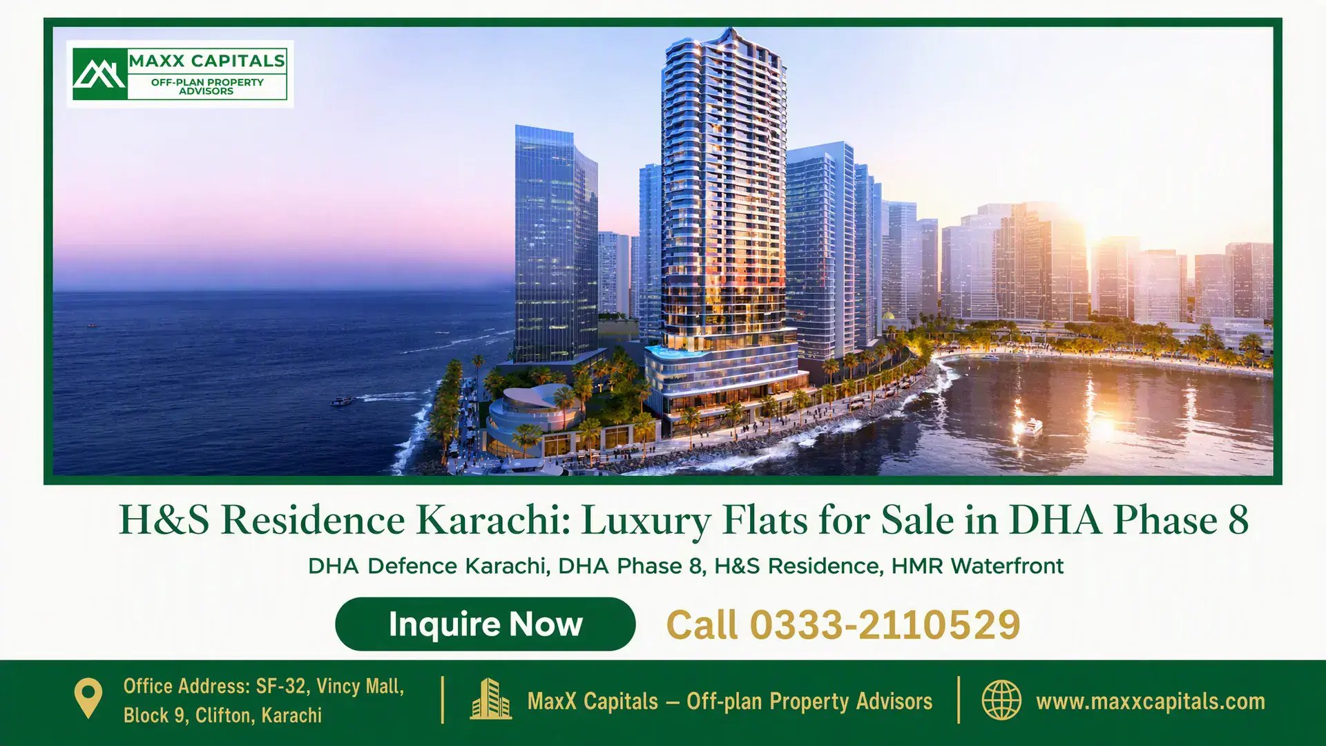 H&S Residence Karachi: Luxury Flats for Sale in DHA Phase 8 Coastal luxury apartments at H&S Residence Karachi in DHA Phase 8 with waterfront views and modern architecture.