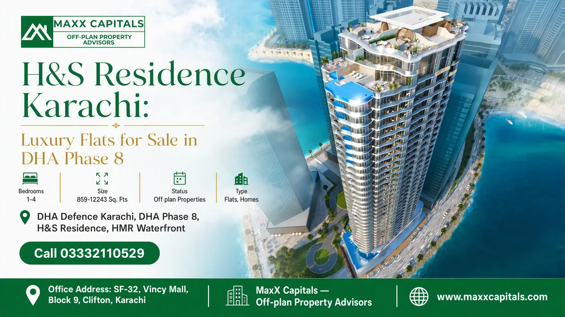 H&S Residence Karachi: Luxury Flats for Sale in DHA Phase 8 High-rise luxury apartments at H&S Residence Karachi overlooking the waterfront in DHA Phase 8, Karachi.