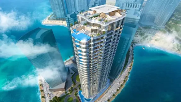 Aerial View Of H&Amp;S Residence Karachi Modern High-Rise Tower In Dha Phase 8 With Rooftop Infinity Pool And Seafront