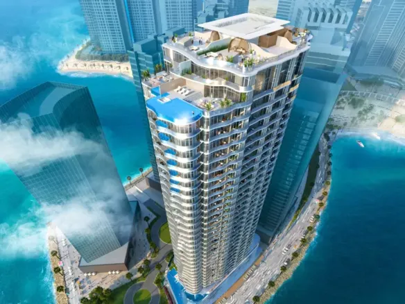 Aerial View Of H&Amp;S Residence Karachi Modern High-Rise Tower In Dha Phase 8 With Rooftop Infinity Pool And Seafront