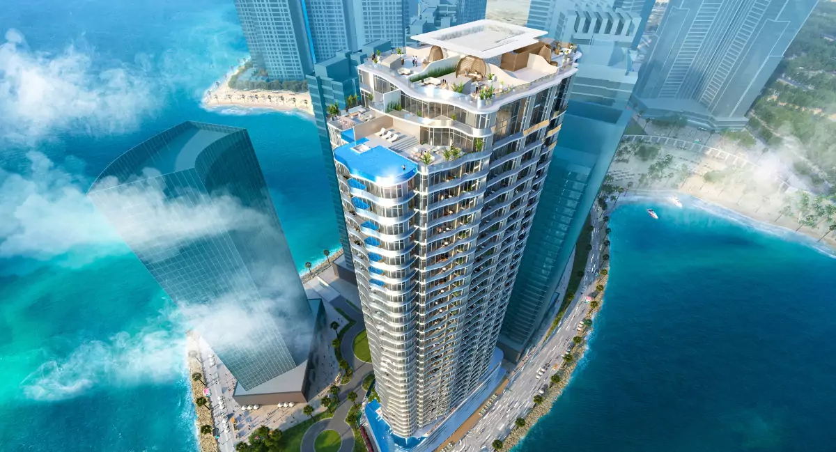 Aerial view of H&S Residence Karachi modern high-rise tower in DHA Phase 8 with rooftop infinity pool and seafront
