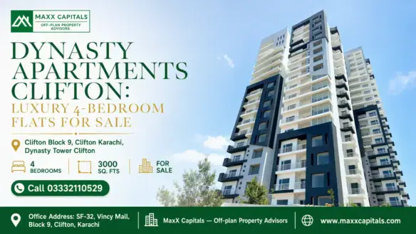Modern High-Rise Dynasty Apartments In Clifton With Sleek White And Black Facade And Spacious Balconies Under A Clear Blue Sk