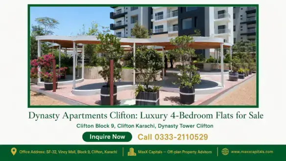 Landscaped garden area with modern pergolas, potted plants, and a backdrop of Dynasty Apartments Clifton.