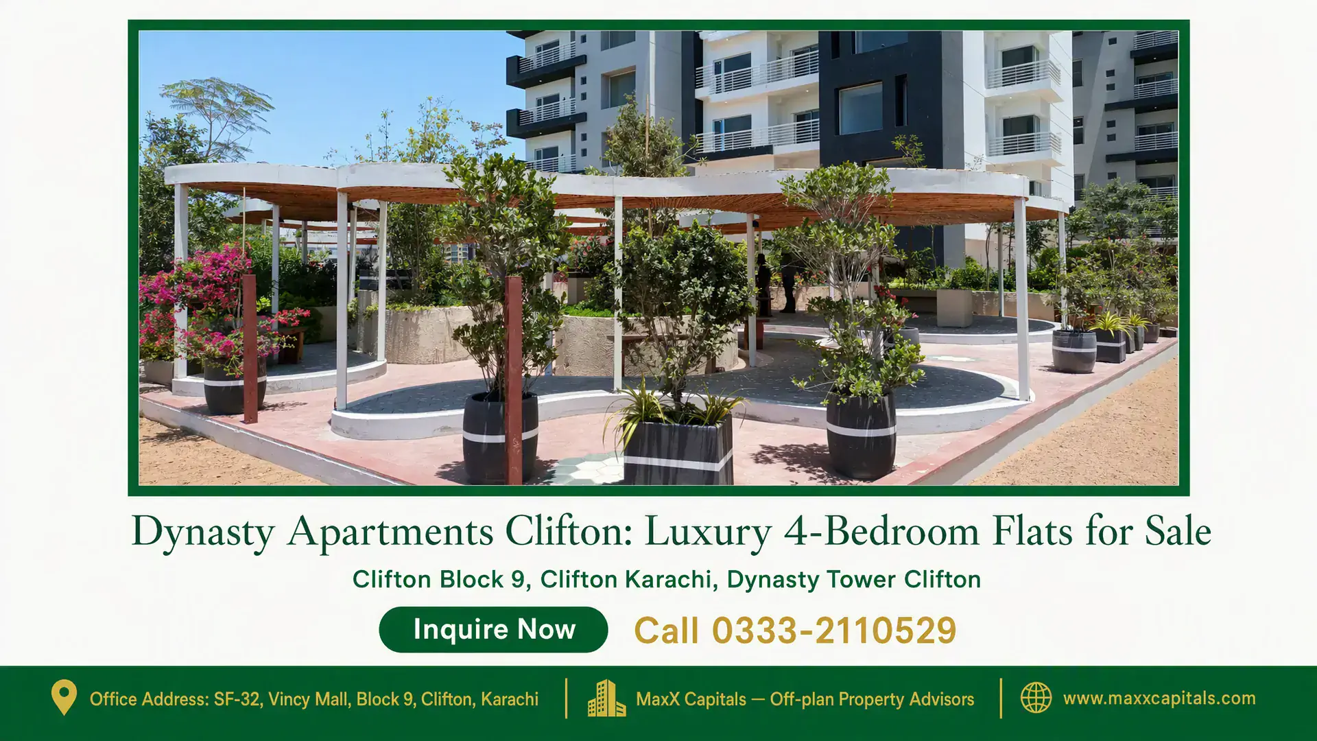 Dynasty Apartments Clifton: Luxury 4-Bedroom Flats for Sale Landscaped garden area with modern pergolas, potted plants, and a backdrop of Dynasty Apartments Clifton.