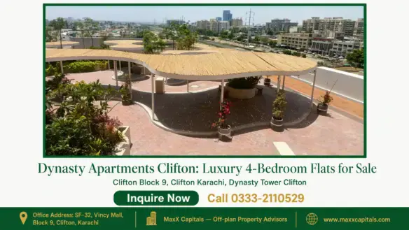 Elegant rooftop garden with shaded seating, green landscaping, and a scenic view of Clifton's urban skyline at Dynasty Apartm