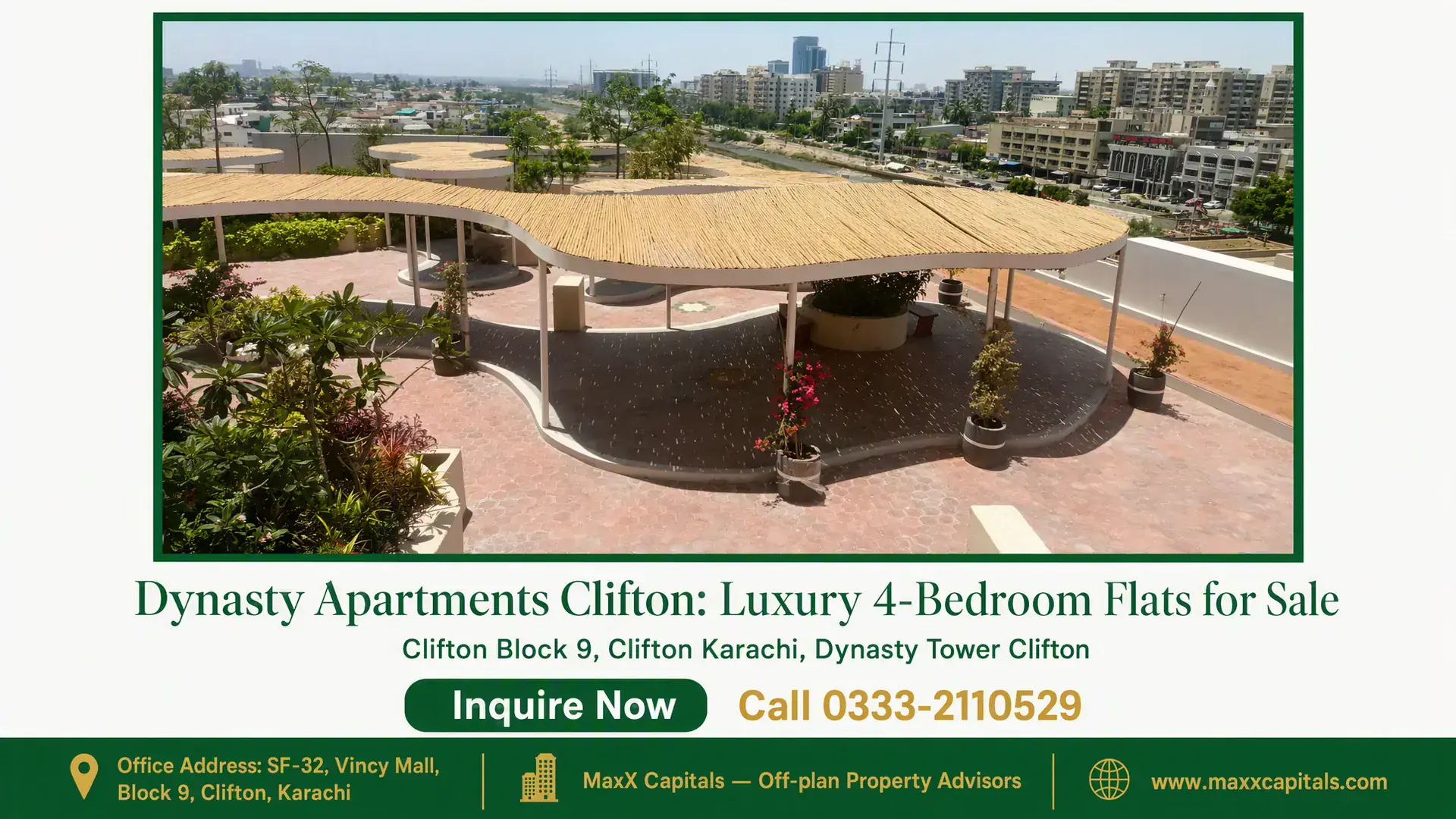 Dynasty Apartments Clifton: Luxury 4-Bedroom Flats for Sale Elegant rooftop garden with shaded seating, green landscaping, and a scenic view of Clifton's urban skyline at Dynasty Apartm