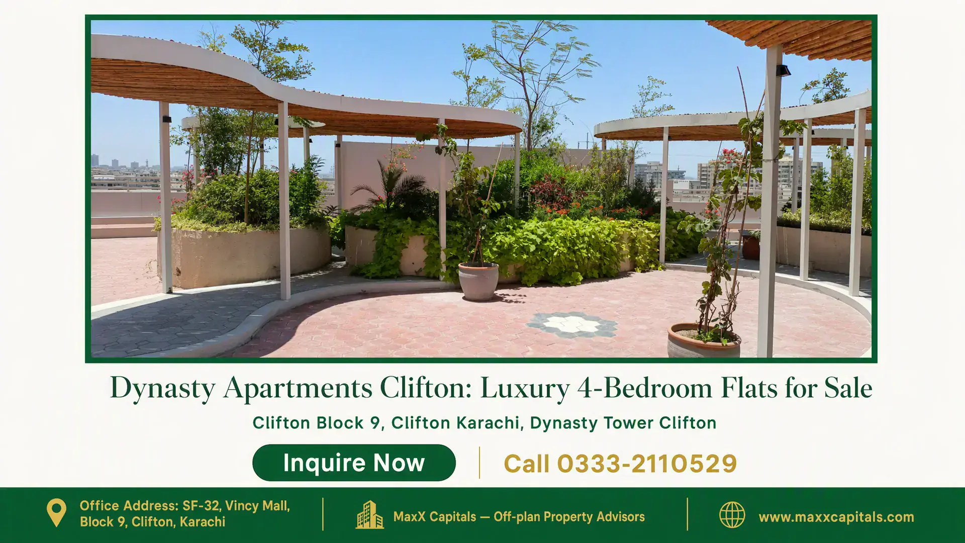 Dynasty Apartments Clifton: Luxury 4-Bedroom Flats for Sale A landscaped terrace with shaded pergolas and vibrant greenery at Dynasty Apartments Clifton.