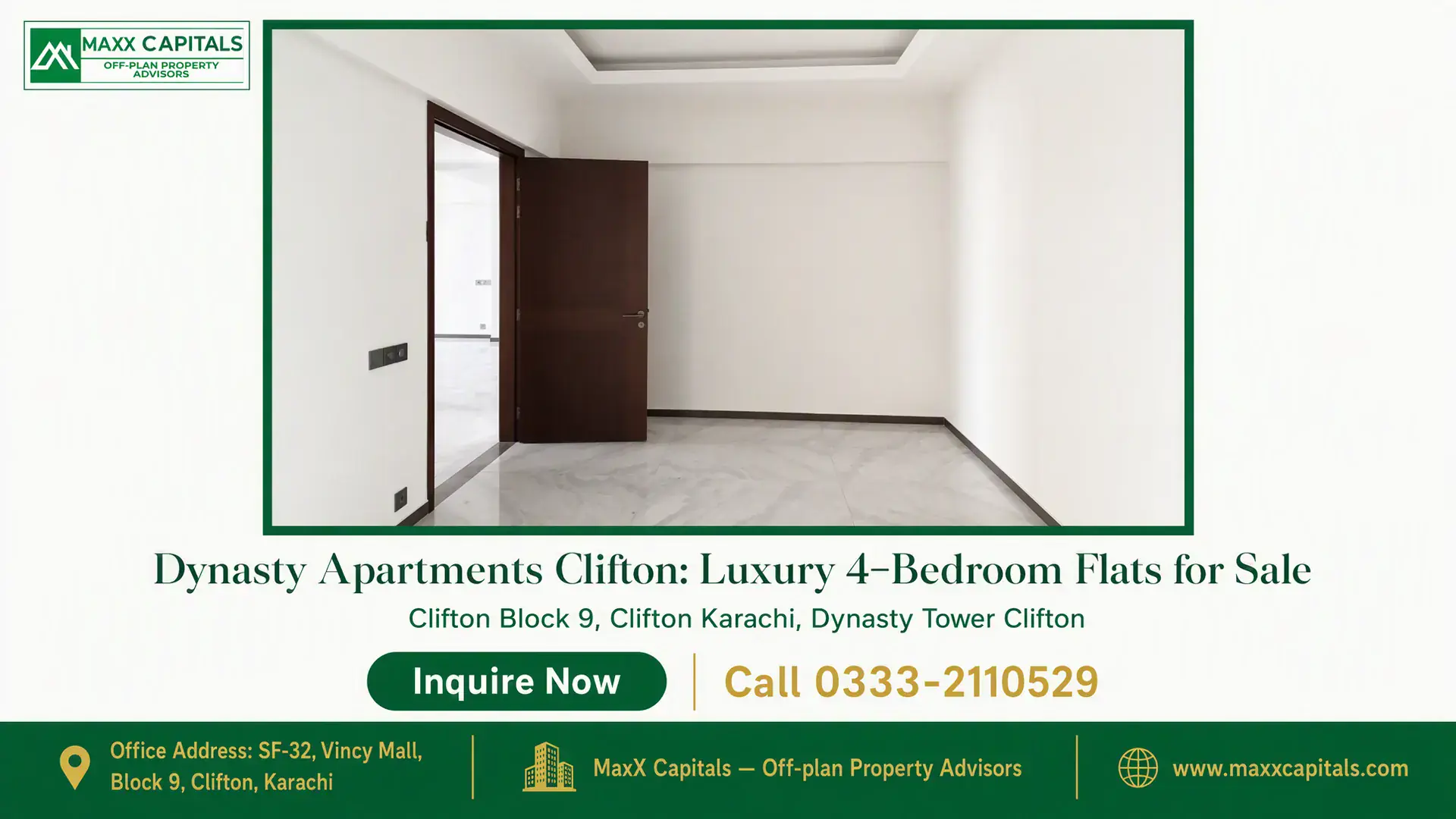 Dynasty Apartments Clifton: Luxury 4-Bedroom Flats for Sale Inside view of a minimalistic room in Dynasty Apartments Clifton, featuring marble flooring and a wooden door.