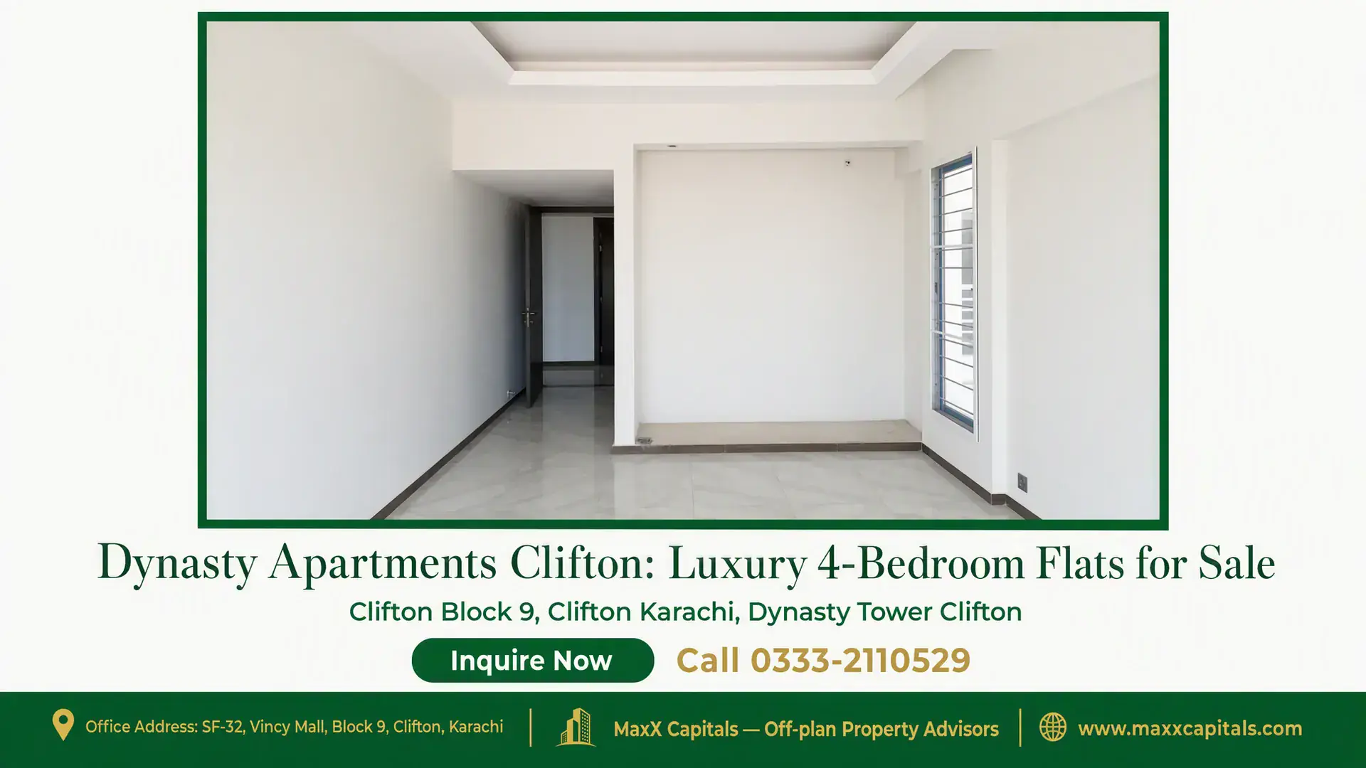 Dynasty Apartments Clifton: Luxury 4-Bedroom Flats for Sale Spacious, white-painted luxury apartment interior with large window and recessed ceiling at Dynasty Apartments Clifton.